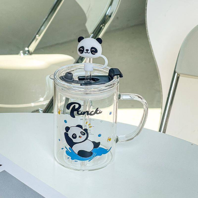 High-Value Transparent Water Cup Gift Cute Cartoon Breakfast With Lid Household Wind Glass