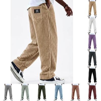 Men Corduroy Trousers Relaxed Fit Full Length Pants with Vertical Stripe Pattern and Elastic Waistband for Daily Wear