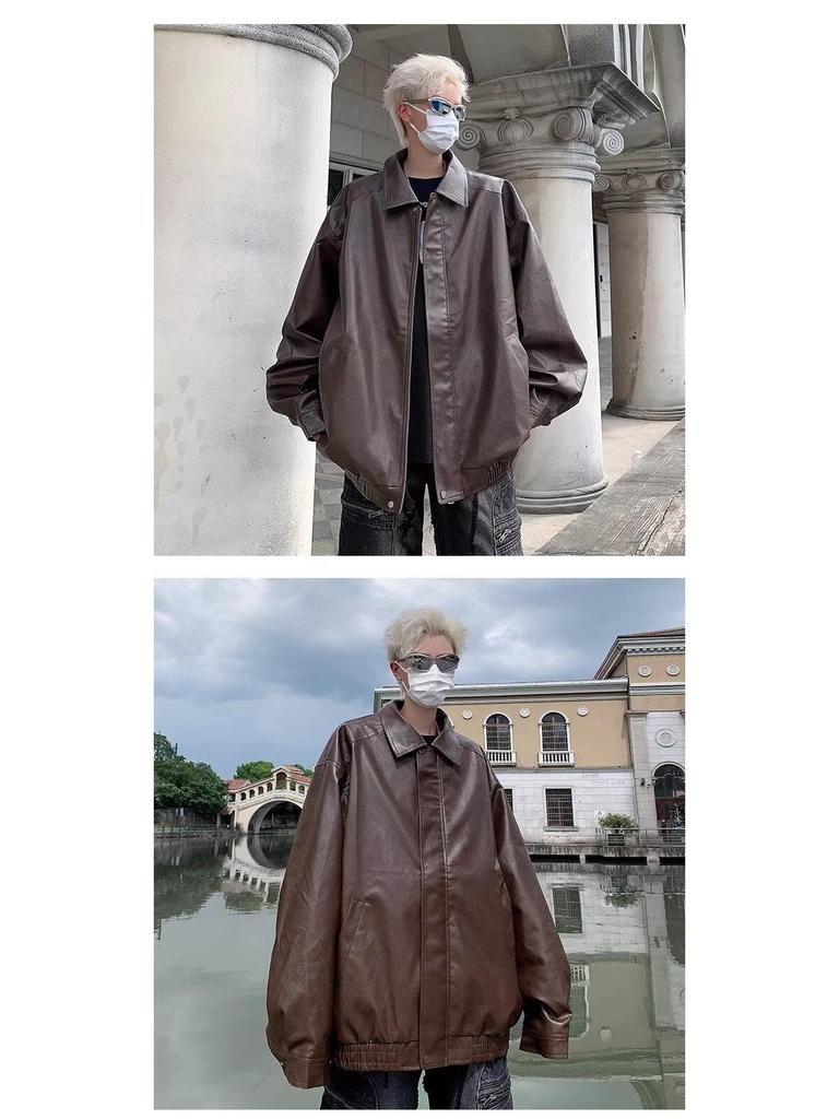 Men's Japanese Retro Leather Motorcycle Jacket - Spring/Autumn Streetwear, Trendy Loose Fit, Cool Lapel Style.