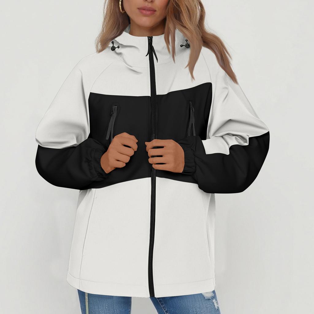 Women Solid Stripe Rain Jacket Outdoor Plus Waterproof Hooded Raincoat Windproof