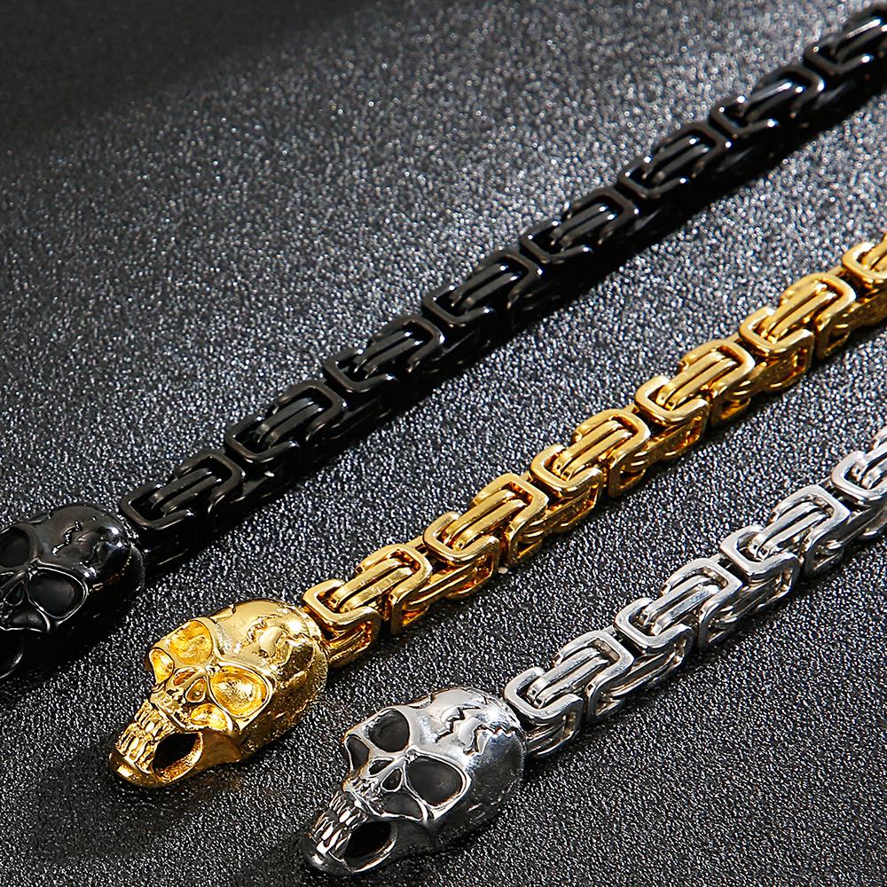 Goth Skull Face Man Necklace Stainless Steel Punk Jewelry 6MM Wide 28.3" Long Link Chain Necklaces Halloween Gifts for Guests