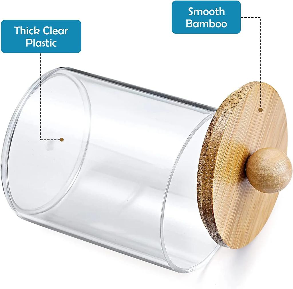 Acrylic Storage Box Bathroom Jar Makeup Organizer Cotton Round Pad Holder Cotton Holder Dispenser with Bamboo Lid Clear Plastic