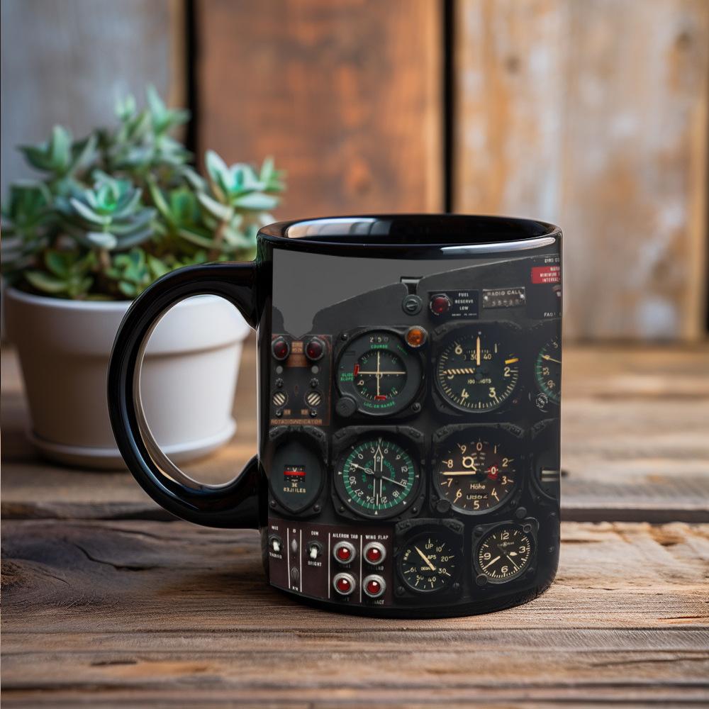 

Premium Black Ceramic Coffee Mug | Airplane Cockpit & Space Shuttle Dashboard Print - Creative Aviation Gift 03