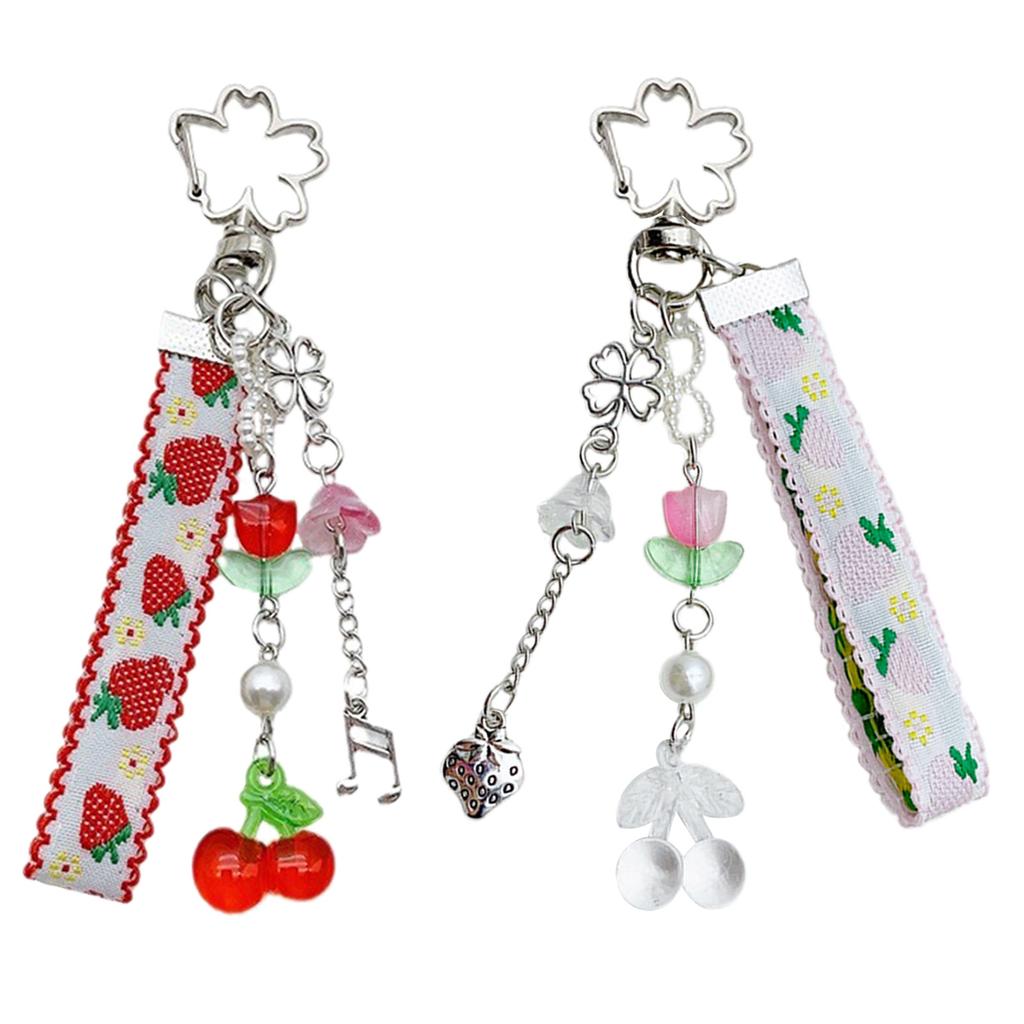 Strawberry Cherrys Ribbon Flower Keychain Charm Colorful Keyring for Women and Girls Bag Accessories Purse Decoration