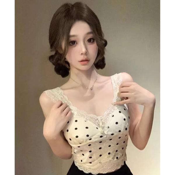 Women's French Polka Dot Lace Camisole - Summer Slim-Fit Sleeveless Top