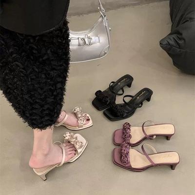 2024 New Summer Fairy Style High-heeled Small Cool Slippers Wearing Purple One-word Drag French Sandals Women's Shoes