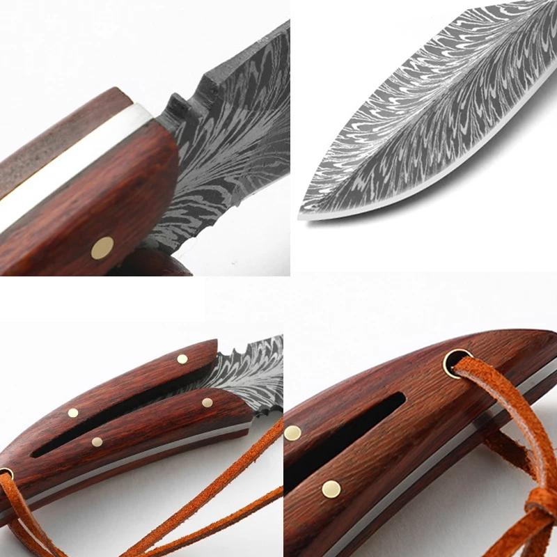 Pocket Knife Professional Kitchen Knives Stainless Steel Boning Butcher Knife with Sheath Feather Pattern Forged Meat Cleaver