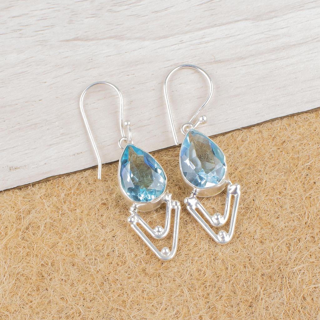 Sky Blue Topaz Gemstone Earring, Handmade Gorgeous Jewelry, 925 Solid Sterling Silver Jewelry, Bohemian Earring For Wedding Gift