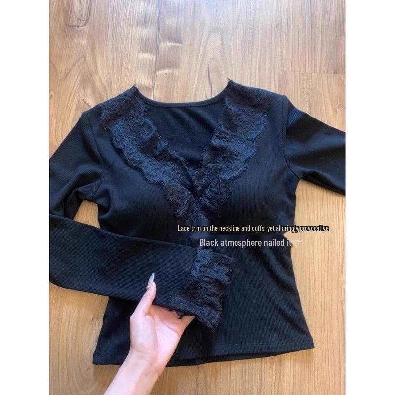 Elegant Lace V-Neck Long-Sleeve Women's Top - Autumn Slim Fit, Luxurious Inner Layer