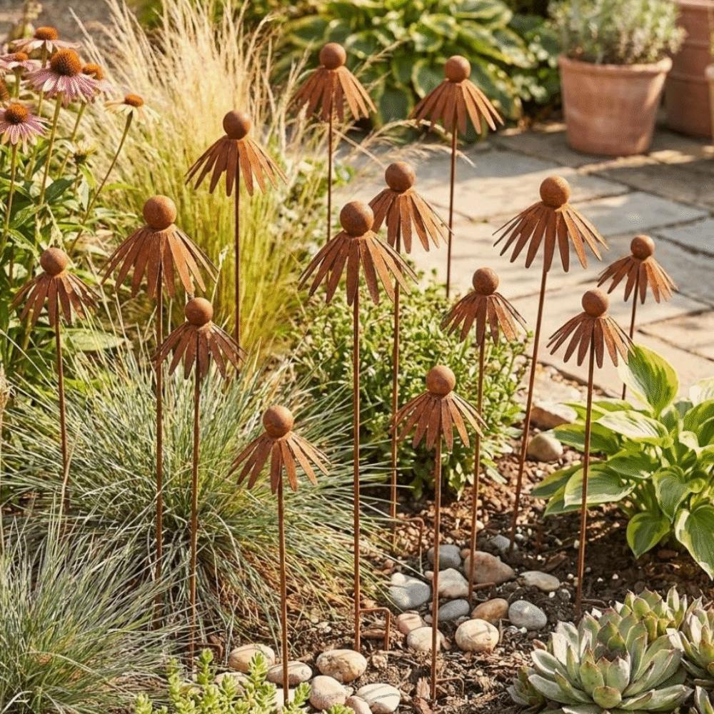 Rusted Iron Flower Outdoor Stake Weather Resistant Curved Petal Stake  Walkway Landscape