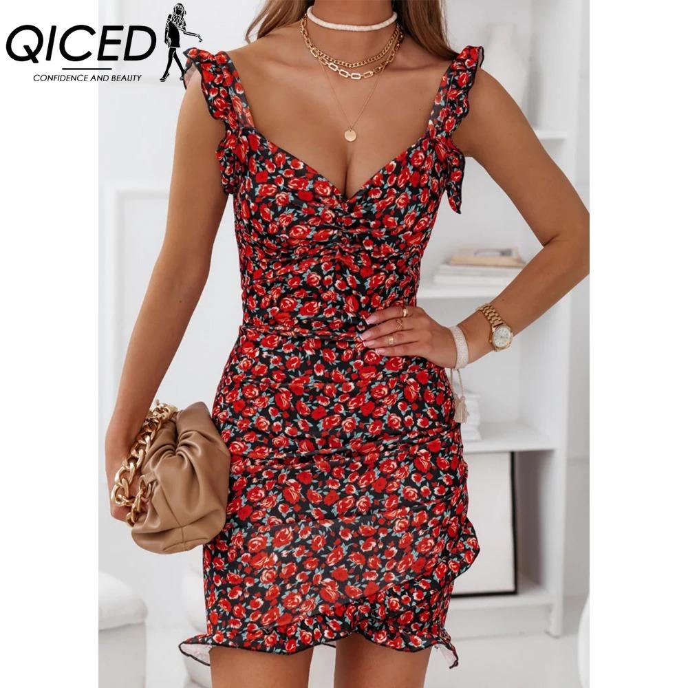 QICED Sommer Damen Blumenmuster Schmetterlingsärmel Bodycon Kleid Rüschen V-Ausschnitt Bandage Lässig Kurz Sommerkleid Weiblich Strand Spaghetti Träger Mini Kleid