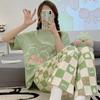 Short-sleeved long pants pajamas women's summer cartoon cute can be worn outside plaid loungewear imitation cotton suit summer thin