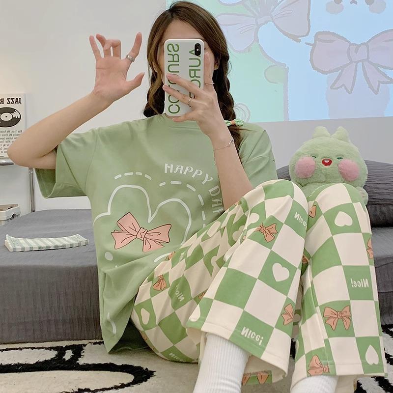 Short-sleeved long pants pajamas women's summer cartoon cute can be worn outside plaid loungewear imitation cotton suit summer thin