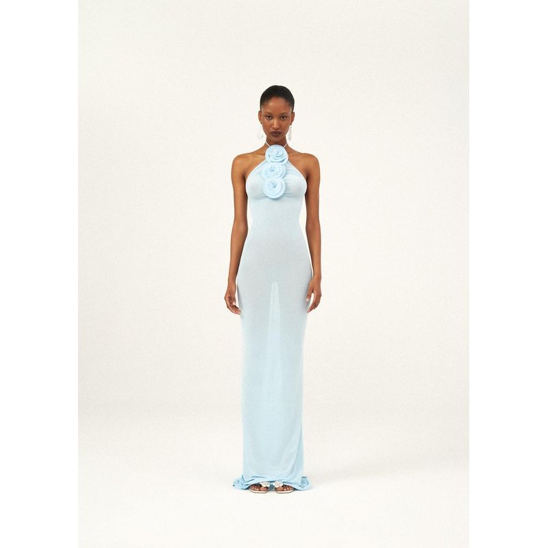 

Hanging Neck Three-Dimensional Flower Mop Evening dress Waist Hugging Dress Sweet and Spicy Wind Backless Long Dress Light blue L