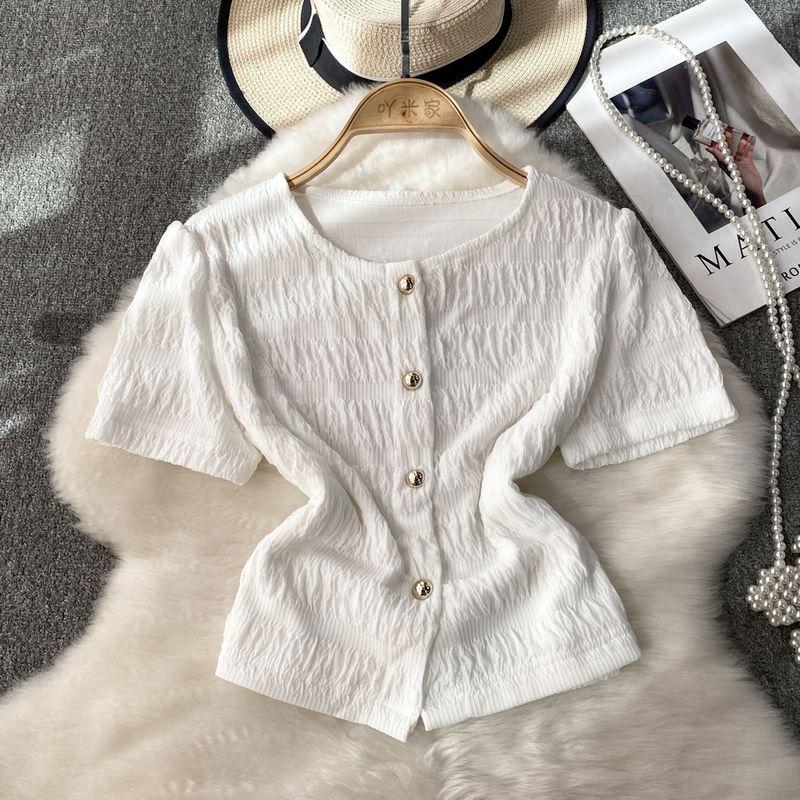 

Летняя женская рубашка в корейском стиле, милая, с коротким рукавом, круглым вырезом, приталенная, однобортная, текстурная, короткий топ в западном стиле White One size