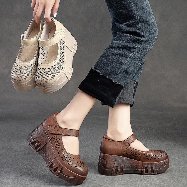 Johnature Zapatos de plataforma con punta redonda y suela gruesa para mujer, sandalias de cuña caladas cómodas Vintage de cuero genuino