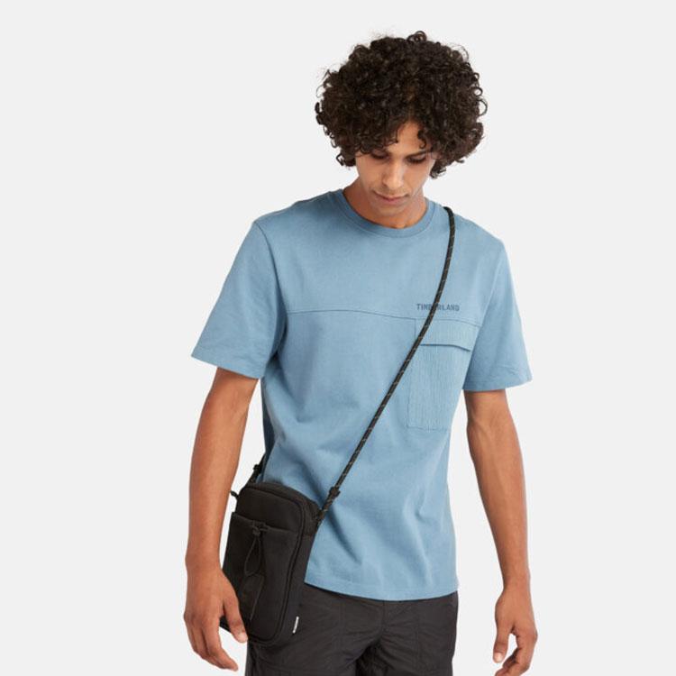 Timberland Solid Color Pocket Spliced Outdoor Casual Breathable Loose Round Neck Short Sleeve Drop Shoulder T-Shirt Men Tops Light-Blue A665N-DJ5