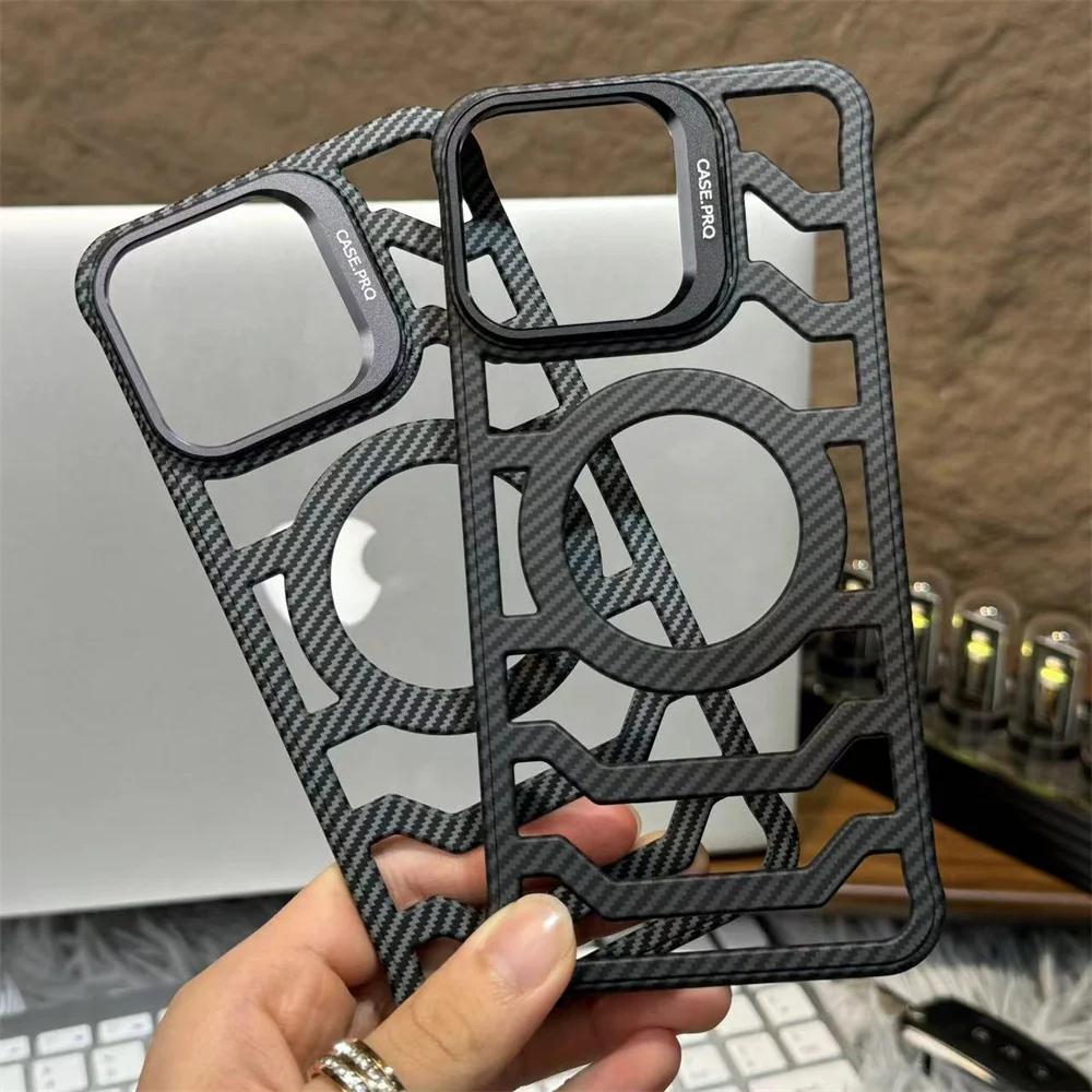 Luxury Carbon Fiber Pattern Heat Dissipation Phone Case for iPhone 16 15 14 13 12 Pro Max Camera Hidden Bracket Shockproof Cover
