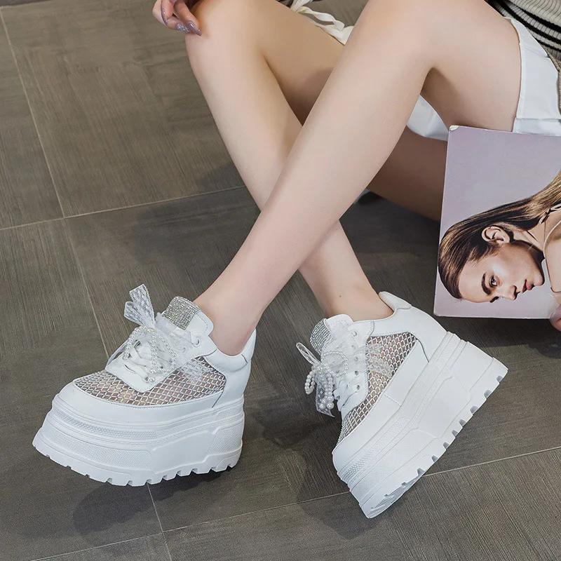 Fashion 10CM Air Mesh Microfiber Leather Breathable Slipper Flats Hollow Round Toe Platform Wedge High Brand Women Sandals Bling Shoes