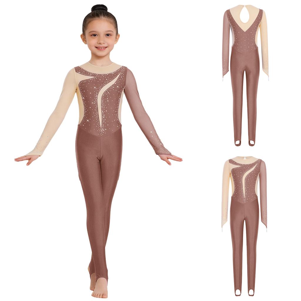 Tuta da Ginnastica per Bambine Maniche Lunghe Fori per le Dita Foro sulla Schiena Patchwork in Rete Strass Lucidi Color Block Body da Danza per Performance