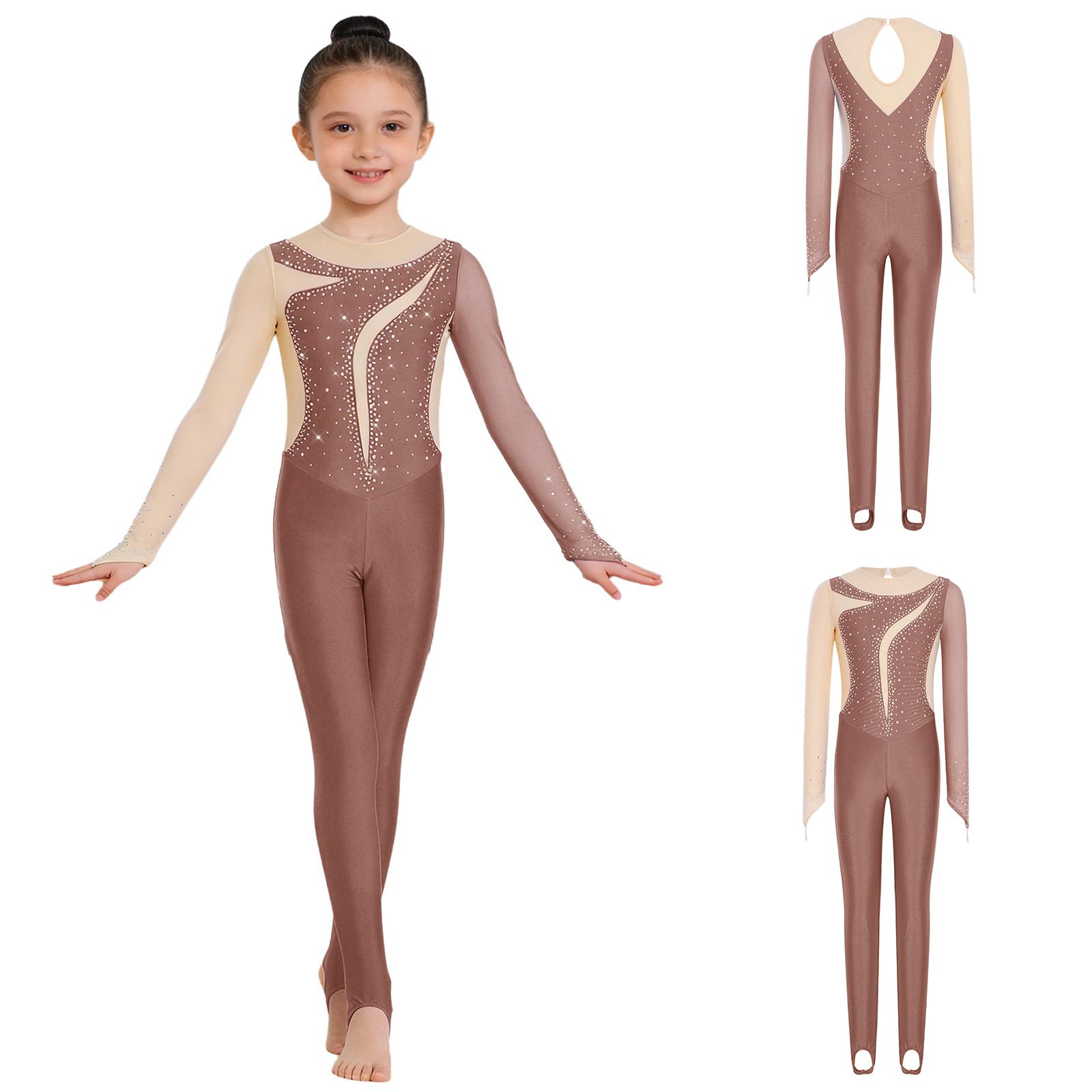 

Girls Dance Performance Bodysuit Long Sleeves Finger Holes Keyhole Back Sheer Mesh Patchwork Shiny Rhinestones Color Block for Gymnastics Recital 5-6 Years