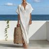 Summer Cotton Linen Dress for Women Short Sleeve Button Up Long Dress Casual Loose Beach Tunic Sundress