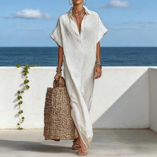 Summer Cotton Linen Dress for Women Short Sleeve Button Up Long Dress Casual Loose Beach Tunic Sundress