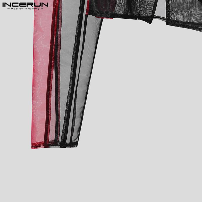 INCERUN Sexy Men Stitching Perspective Long-sleeved Mesh T-shirt Tops