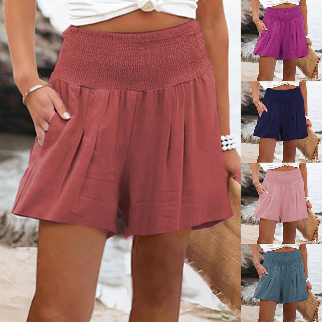 Women's Casual Loose Beach Pants Solid Color Ruffle High Waist  Shorts
