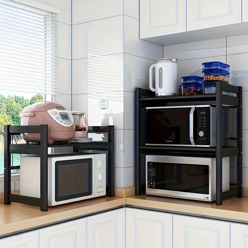 Expandable Kitchen Storage Rack, Suitable for Microwaves and Ovens | Black Metal Countertop Organizer with Open Shelving