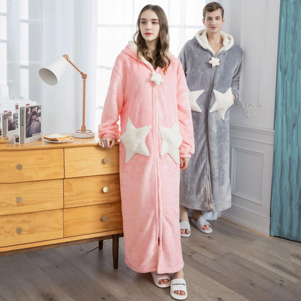 Couple Shower Robe Winter Sleepwear Star Hooded Long Bathrobe Warm Plush Man and Woman Terry Robe Korean New Pajamas Night Gown