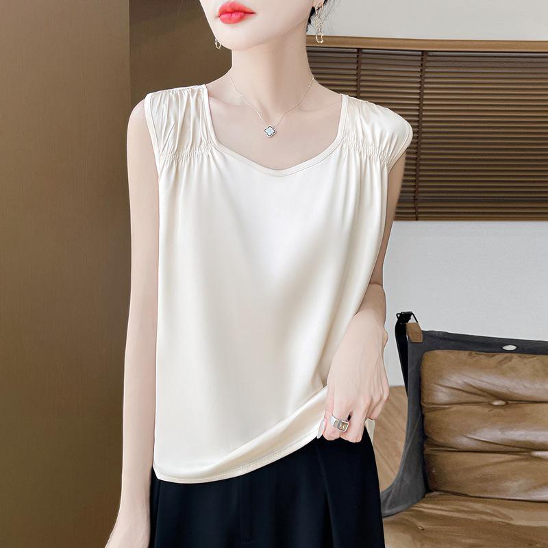 

Women s Summer Silk Satin Camisole: Solid Color Sleeveless Loose Fit Base Shirt L (105-120 jin)