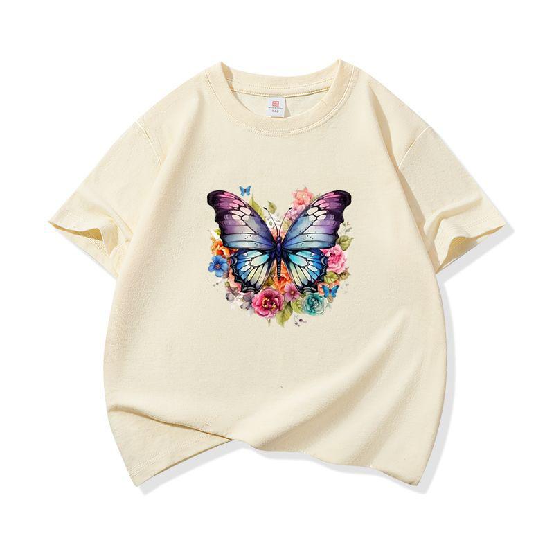Kids Cotton T Shirt Colorful Floral Watercolor Butterfly Print Crew Neck Short Sleeve Tee Casual Boys Girls Summer Tops