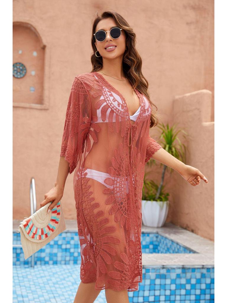 Zonnebloem Kant Geborduurde Bikini Cover-Up Cardigan