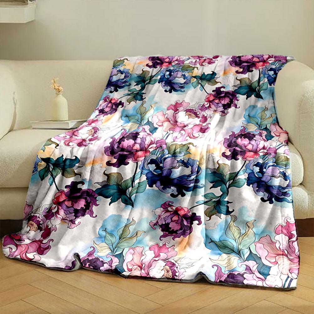 Vibrant floral motifs with flowing petals and greenery on light background. for all seasons blanket lunch break throw gift