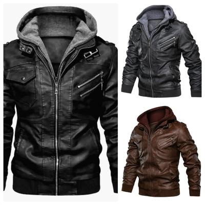 Hood Leather Jacket Streetwear Biker Coat Slim Fit Autumn Winter Coat Men Fur Lined Men Motorcycle Jacket Fashion Men Jacket