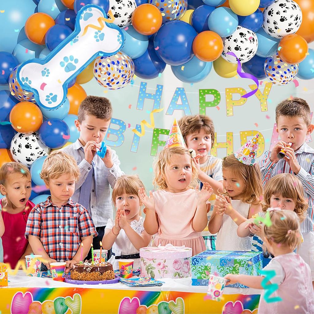 Ouddy Life 128Pcs Blue Balloons Garland Arch Kit, Blue Orange Bone Themed Birthday Party Supplies with Happy Birthday Banner Foil Paw Print Latex