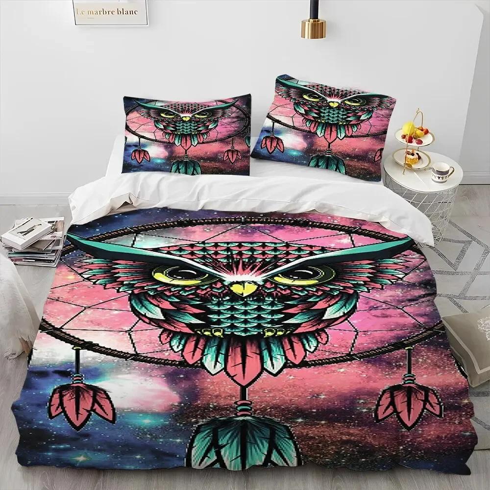 Fashion Dreamcatcher Feather Owl Comforter Bedding Set,Duvet Cover Bed Set Quilt Cover Pillowcase,King Queen Size Bedding Set