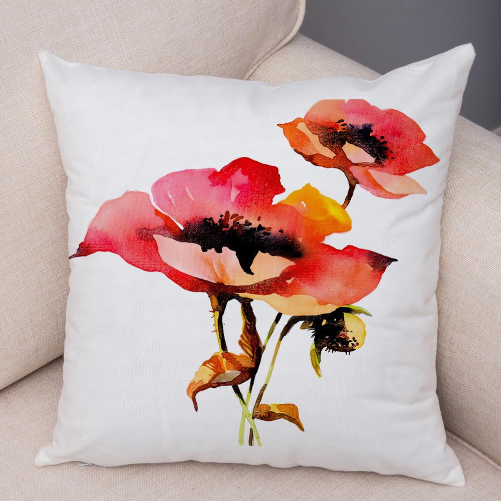 Watercolor Floral Cushion Cover Abstract Poppy Flower Art Print Soft Fabric Living Room Sofa Home Decor Pillow Case