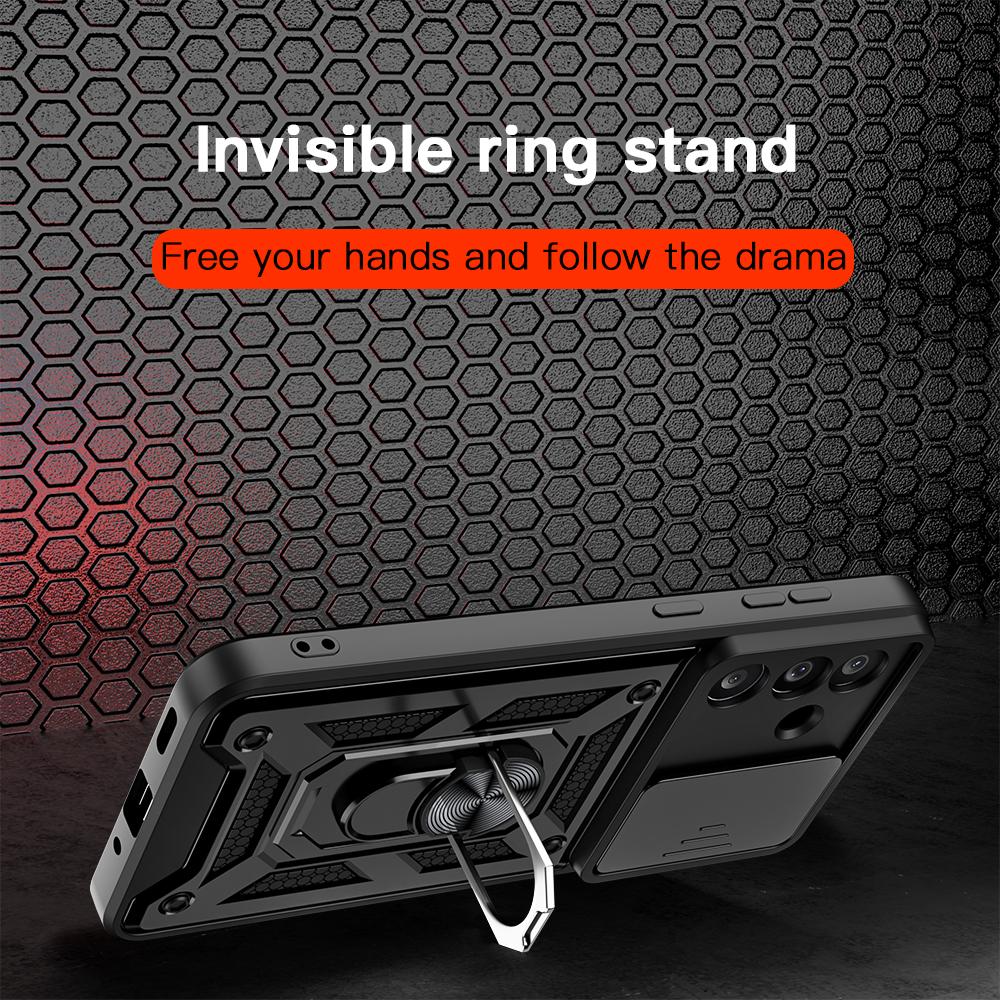 KEYSION Shockproof Case for Samsung M56 5G Silicone+PC Slide Camera Protection Ring Stand Phone Back Cover for Galaxy F56 5G