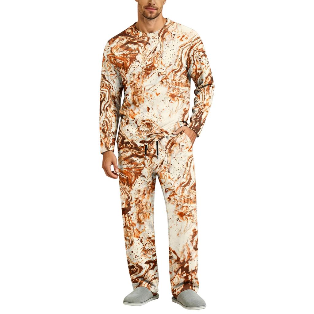Men's Pajama Set Long Sleeve Top and Long Pants with Button Crotch and Elastic Drawstring Waist for Home Loungewear