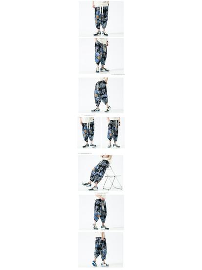 2025 Summer Men's Plus Size Ethnic Print Harem Pants - Loose Fit, Straight Leg, Drop Crotch