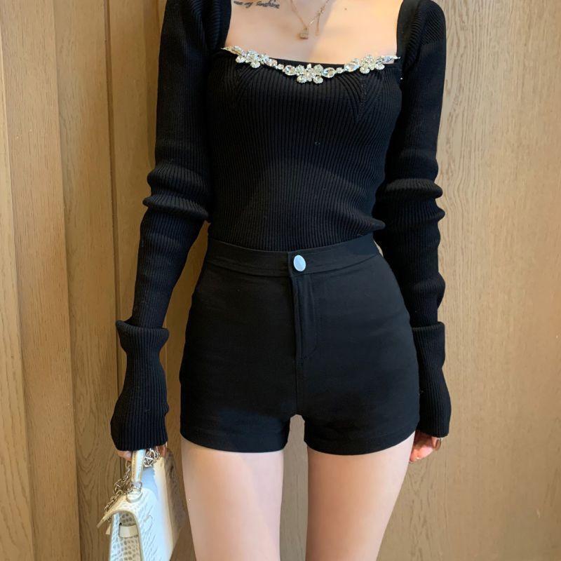 Women s High-Waist Black Pure Cotton A-Line Shorts - Slim Fit for Autumn/Summer L 50-60 kg