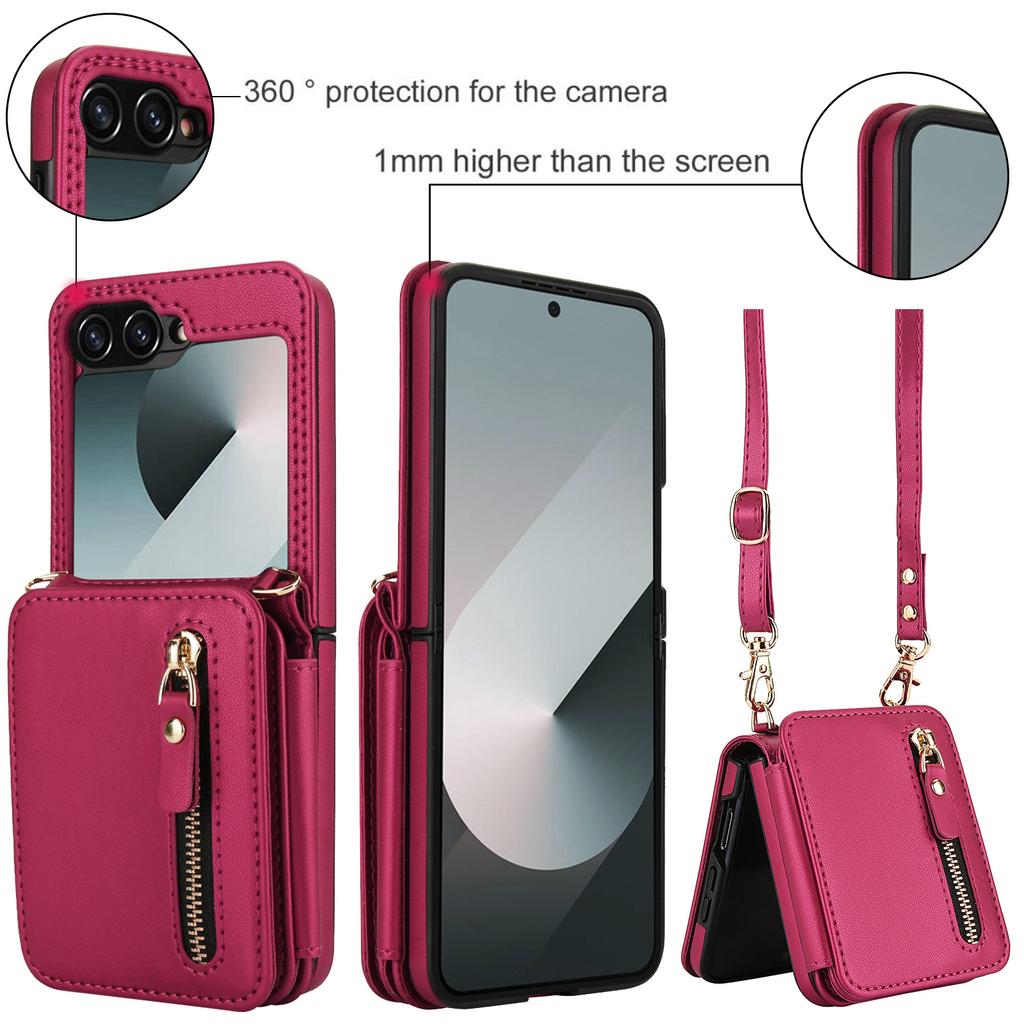 Applicable To Samsung Z Flip6 Mobile Phone Leather Case Z Flip5 Solid Color Card Zipper Change Bag Diagonal Strap Card Bag