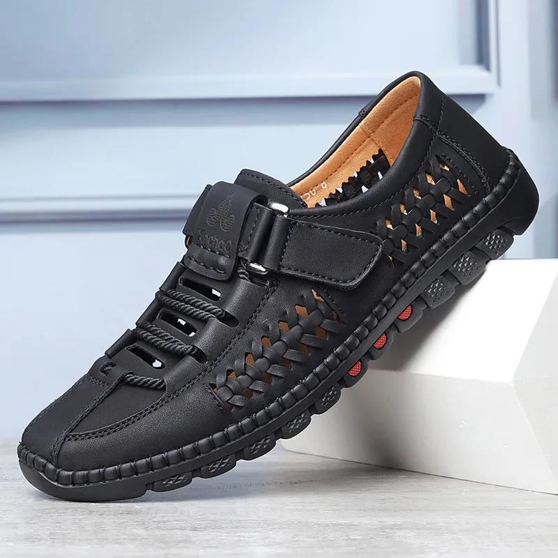 Summer Men Sandals Leisure Breathable Comfort Mens Beach Shoes Fashion Solid Hand Sewn Male Flat Casual NEW Leather Sandals