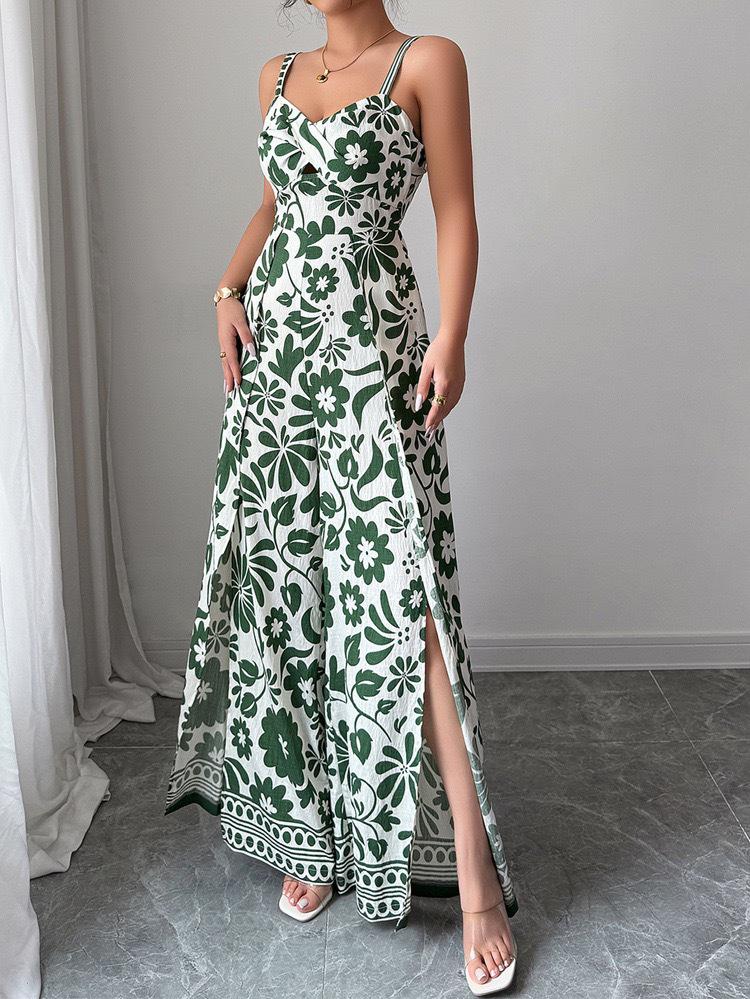 2025 Elegant Twist Print Spaghetti Strap Backless Jumpsuit with Wide Leg and Long Pants Skirt