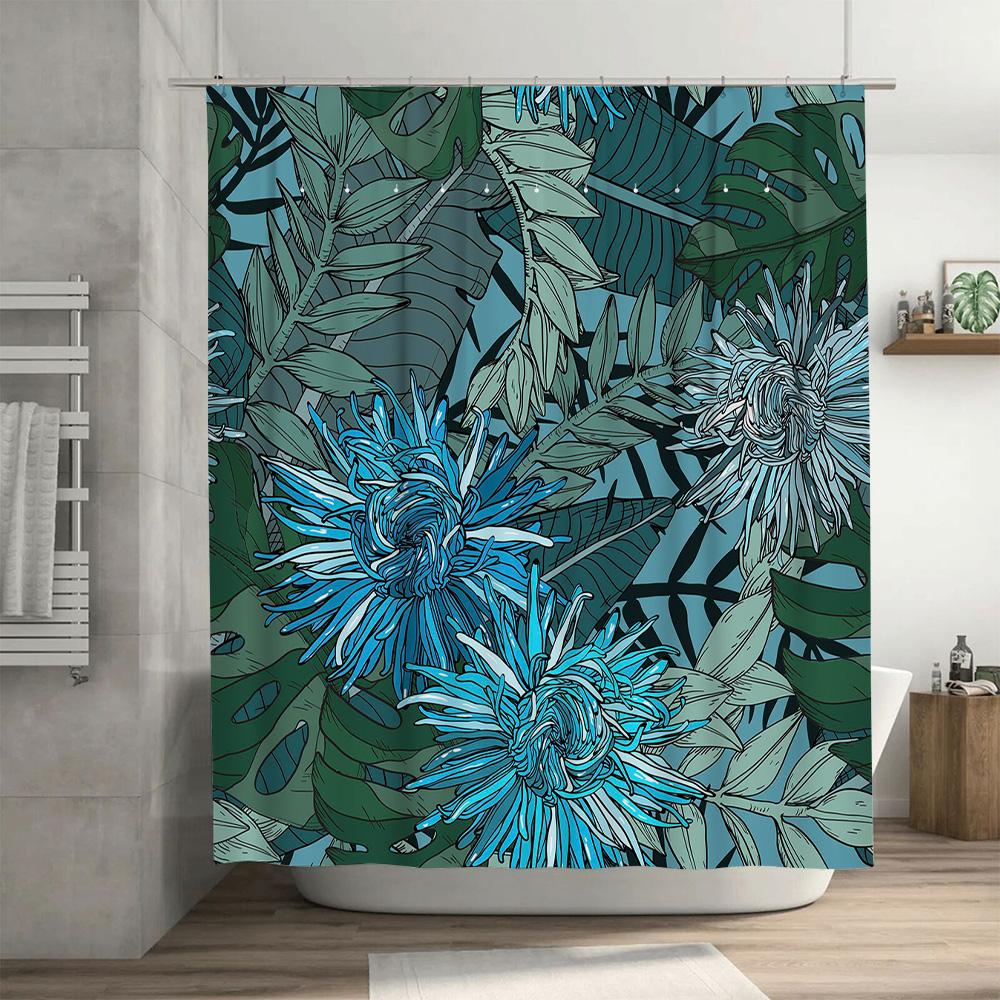 Stylish Blue Floral Shower Curtain for Bathroom Decor Green Leaves Pattern Waterproof Fabric Available in Various Sizes