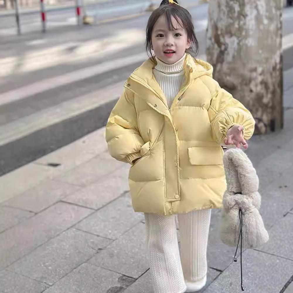 Dívčí tlustá bunda Zimní dlouhá Jednobarevná Hřejivá S kapucí Větruodolný kabát Pro 6-14 let Módní teenagerovská Lyžařská kombinéza