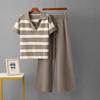 Cross-Border Foreign Trade Summer Fashion Set V-neck Short Sleeve Striped Knitted Top Fashion Slim Fit Wide Leg Pants Two-piece Set