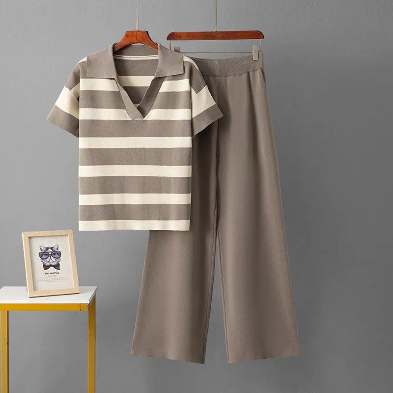 Cross-Border Foreign Trade Summer Fashion Set V-neck Short Sleeve Striped Knitted Top Fashion Slim Fit Wide Leg Pants Two-piece Set